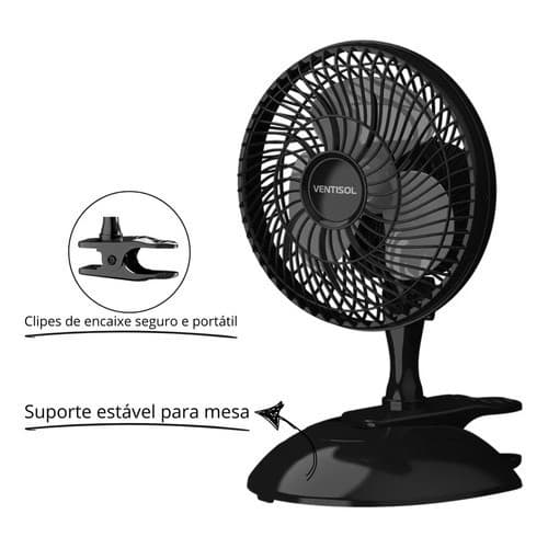 Mini Ventilador Pessoal 127v  Ventisol 20cm 3 Pás Preto Clip Portátil De Mesa