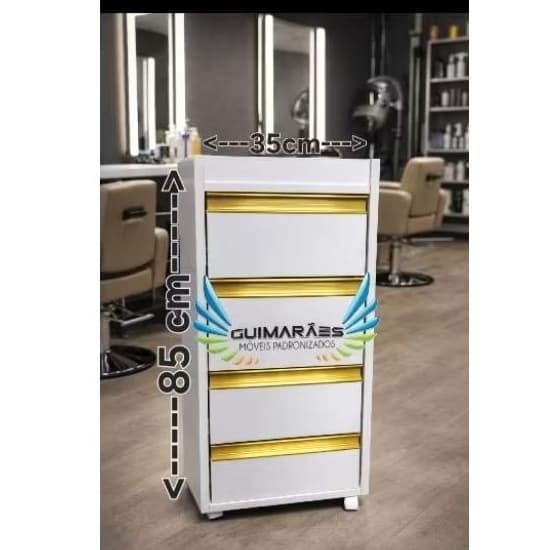 Carrinho Auxiliar, Gaveteiro puxador DOURADO BRILHO, Carrinho para Salão,  Armário  JA ENAVIAMOS MONTADO, 100 % MDF