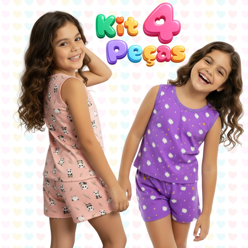 Kit Pijama Infantil Feminino Estampado 4 Peças Menina | Regata + Short em Suede | Confortável e Macio