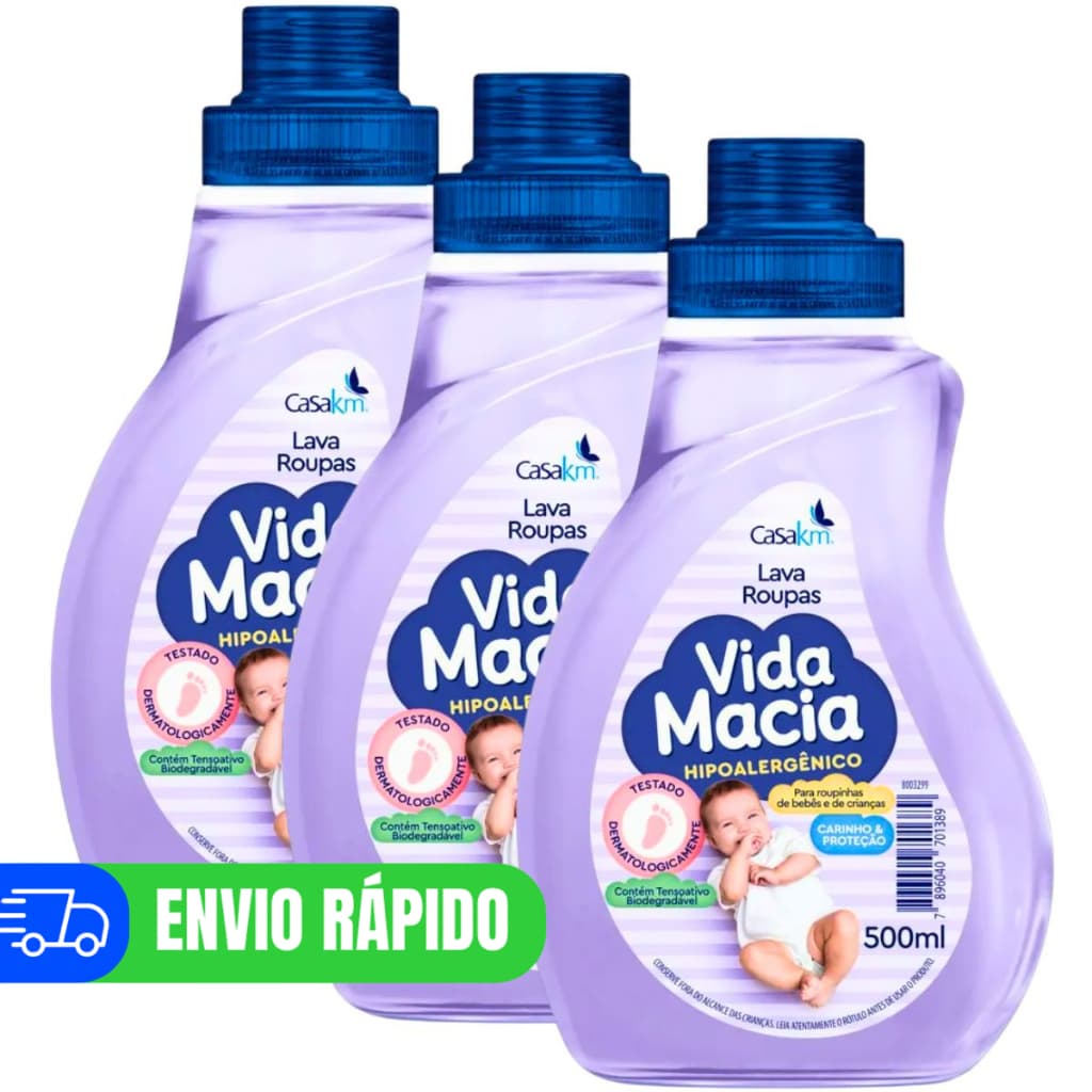 Kit 3 Lava Roupas Bebê Vida Macia 500ml Sabão Liquido