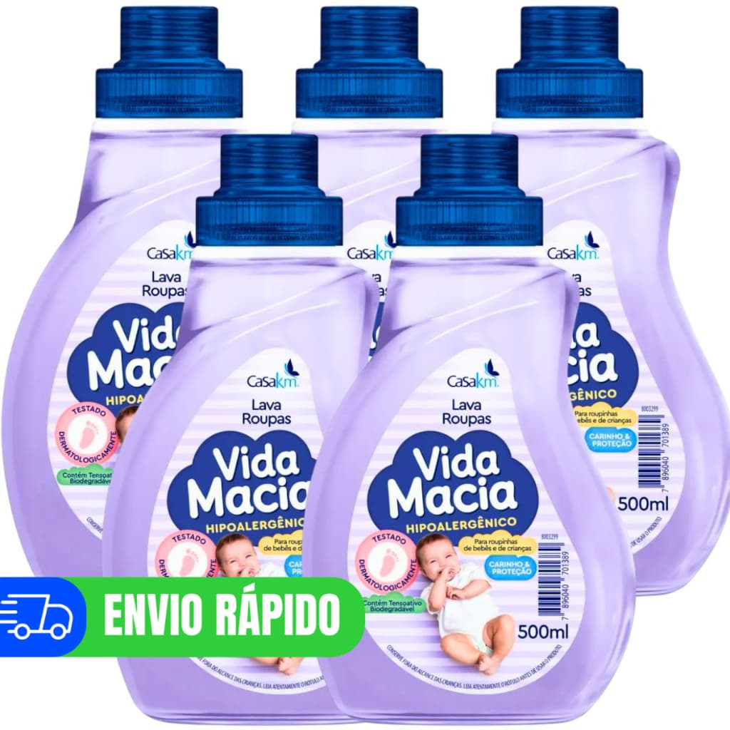 Kit 5 Lava Roupas de Bebê Vida Macia Sabão Liquido 500ml