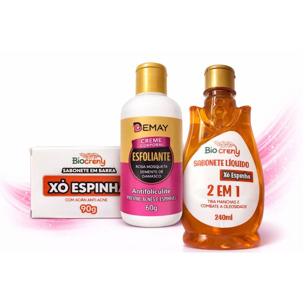 Kit Antiacne Xô Espinha Biocreny com 3 Produtos Sabonete Barra+ Creme Secativo+ LiquidoTira  Manchas