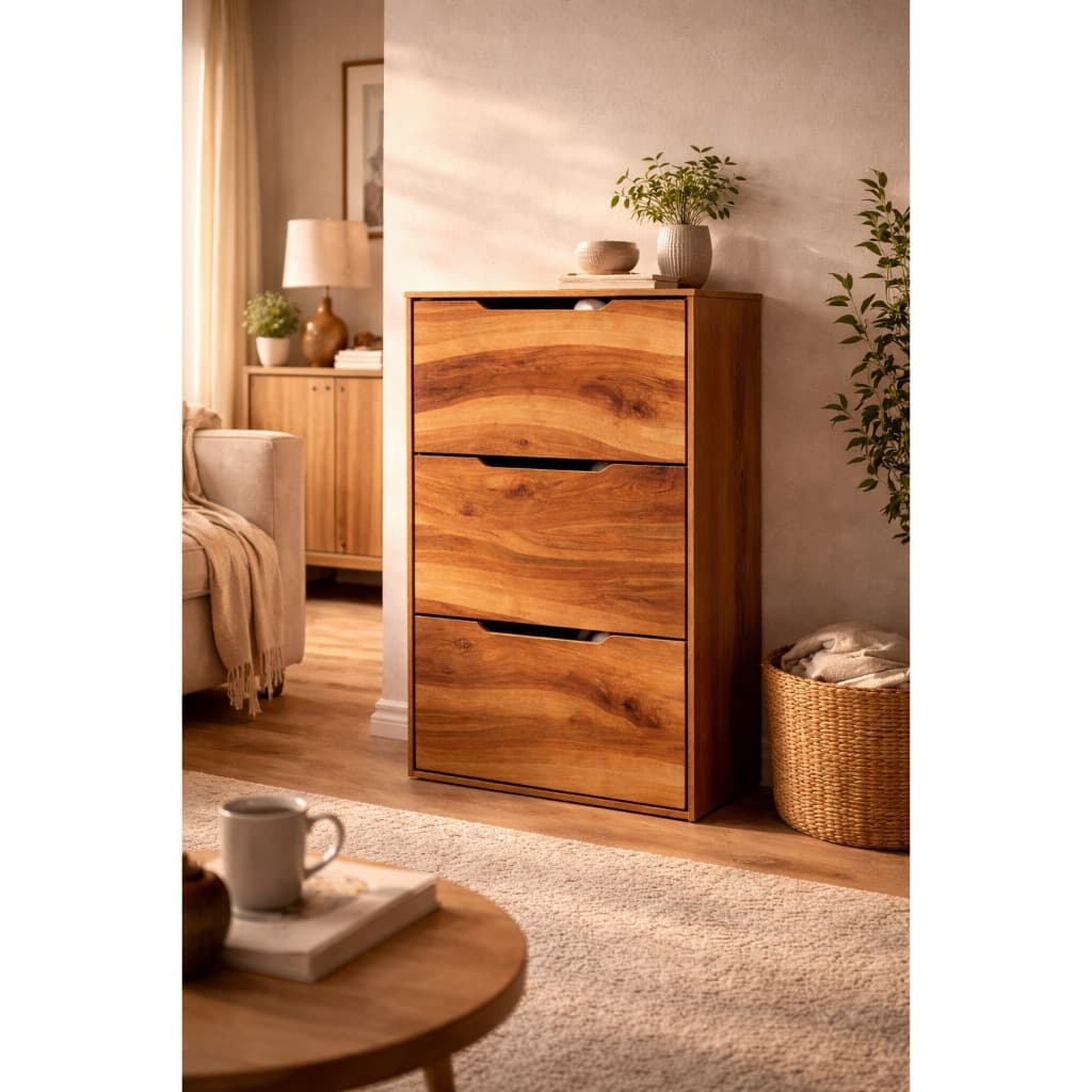 Sapateira Rústica Madeira Natural 3 Portas Basculantes Design Veios Orgânicos Organizador Multiuso Para Sala e Quarto