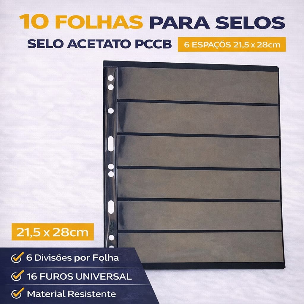 10 Folhas Para Selos Selo Acetato Pccb 6 Divisões 21,5x28cm