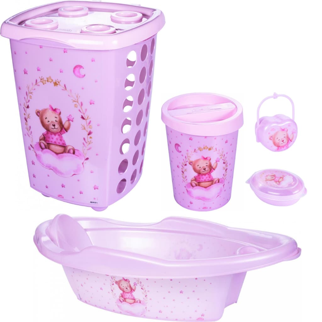 Kit Cesto de Roupa 38L, Banheira 21L, Lixeira 5,5L, Saboneteira e Porta Chupeta Para Bebês URSO ROSA
