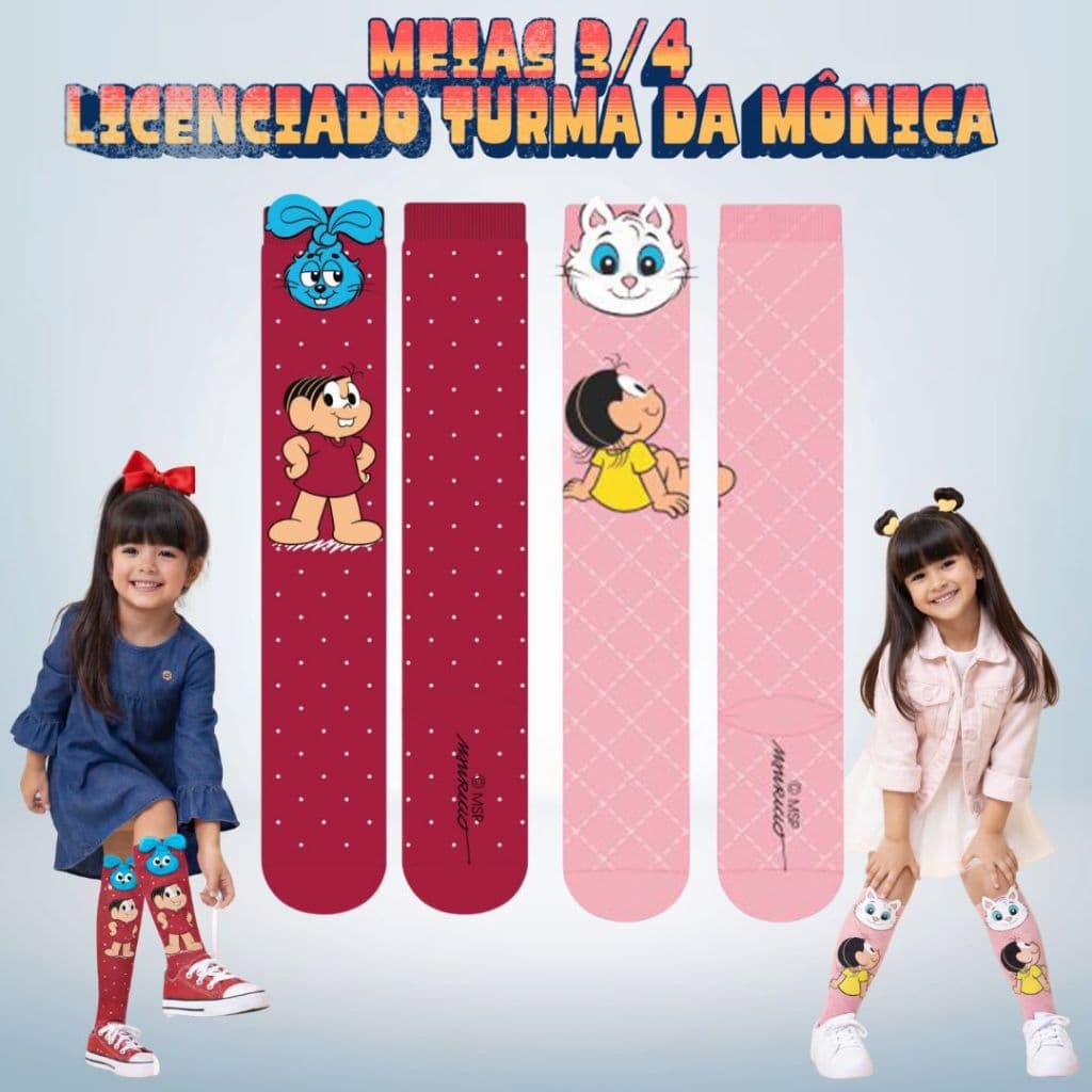 Meia 3/4 Infantil Divertida 3D Mônica Magali Turma da Mônica