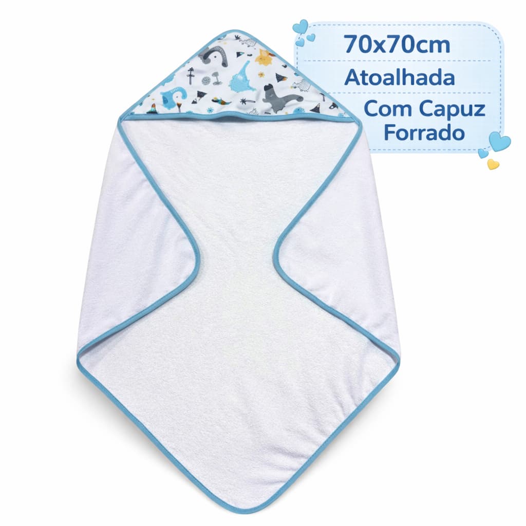 Toalha de Banho Bebe Com Capuz Forrado 70x70cm Menino Menina
