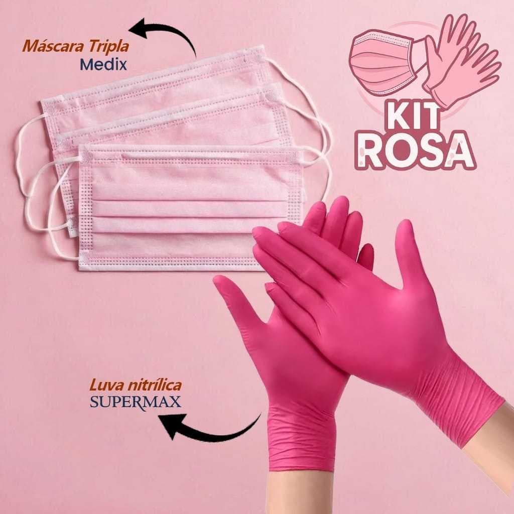 Kit Luva Nitrílica + Máscara Descartável Rosa Tripla com Clipe Nasal TNT
