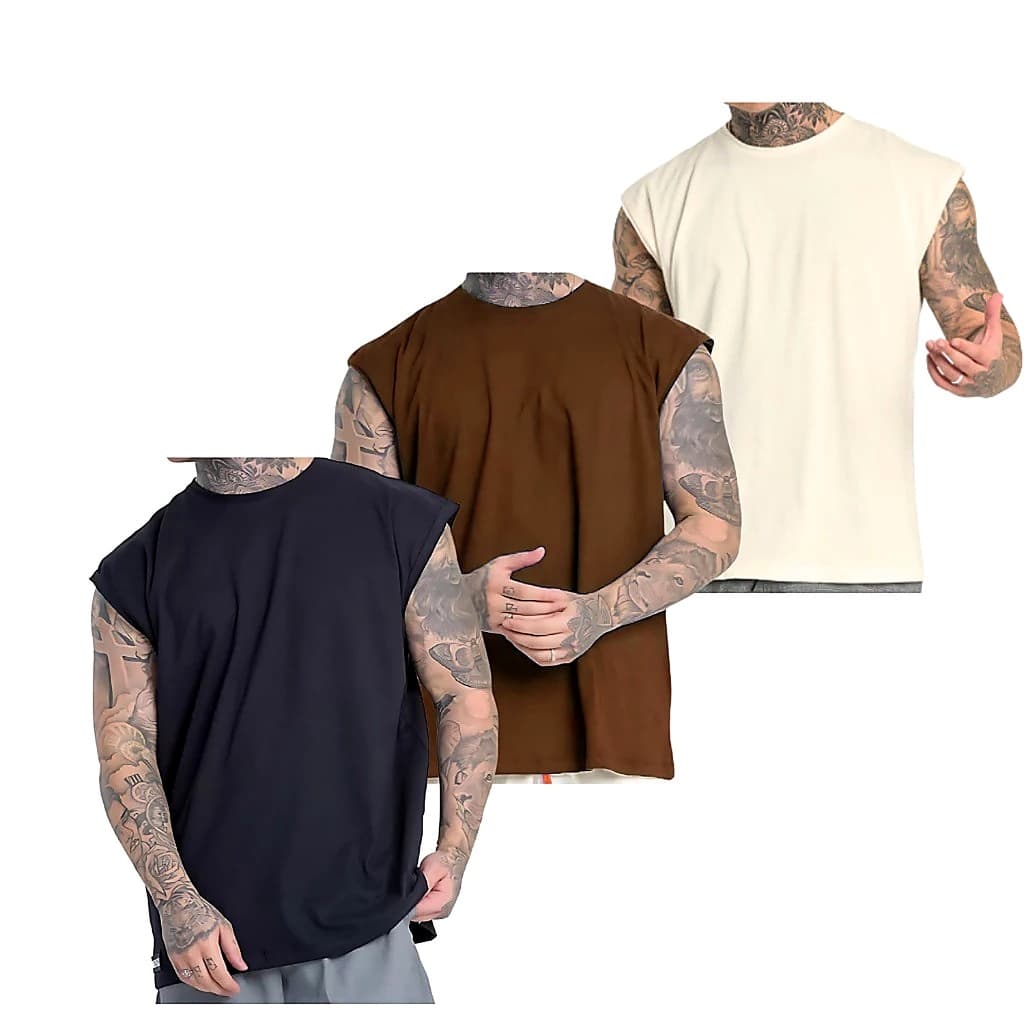 Kit 3 Camisetas Regata Machão Camisa Cavada Algodão Masculina Casual Treino