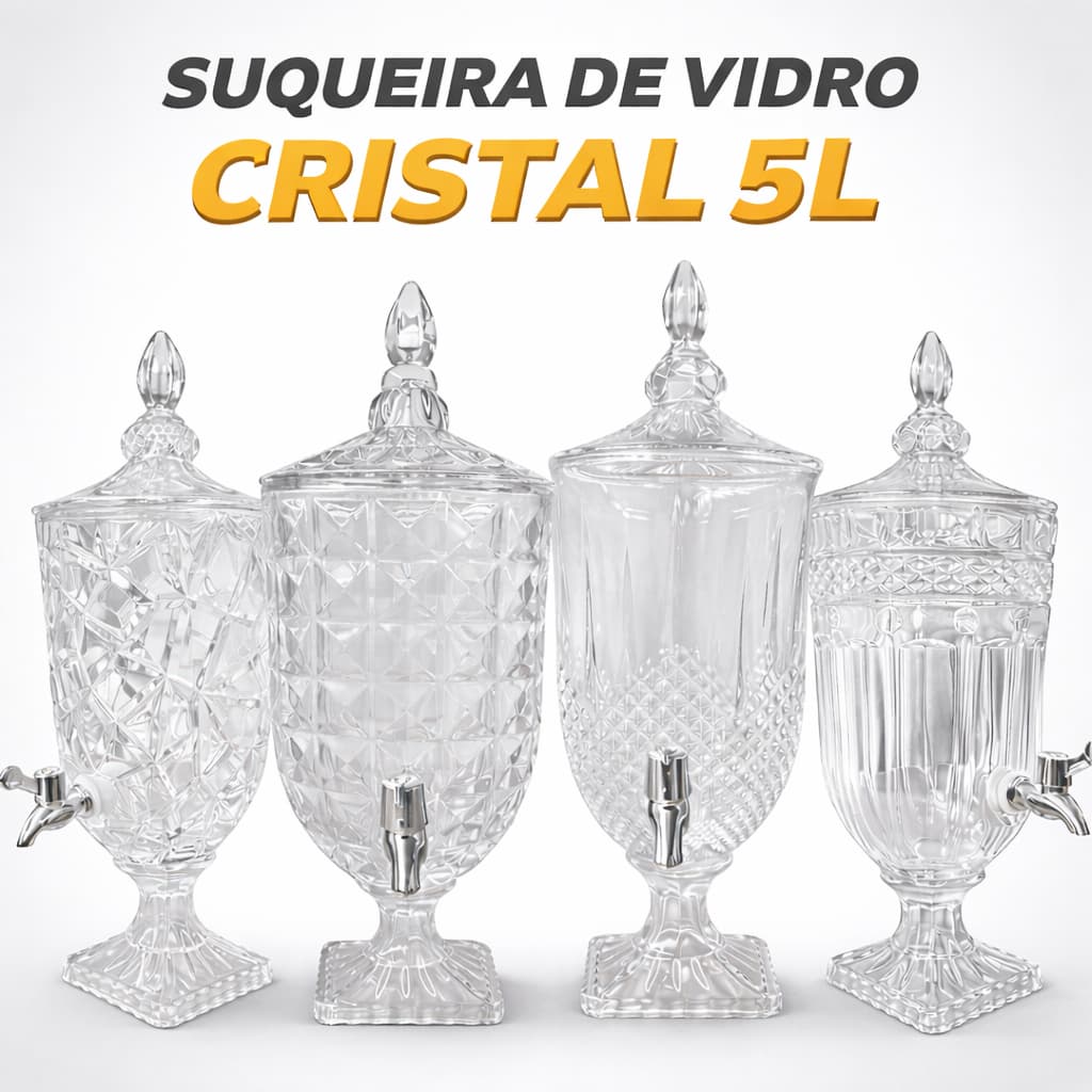 Suqueira de Vidro 5 Litros Diamond com Torneira Dispenser Cristal Luxo Transparente para Bebidas