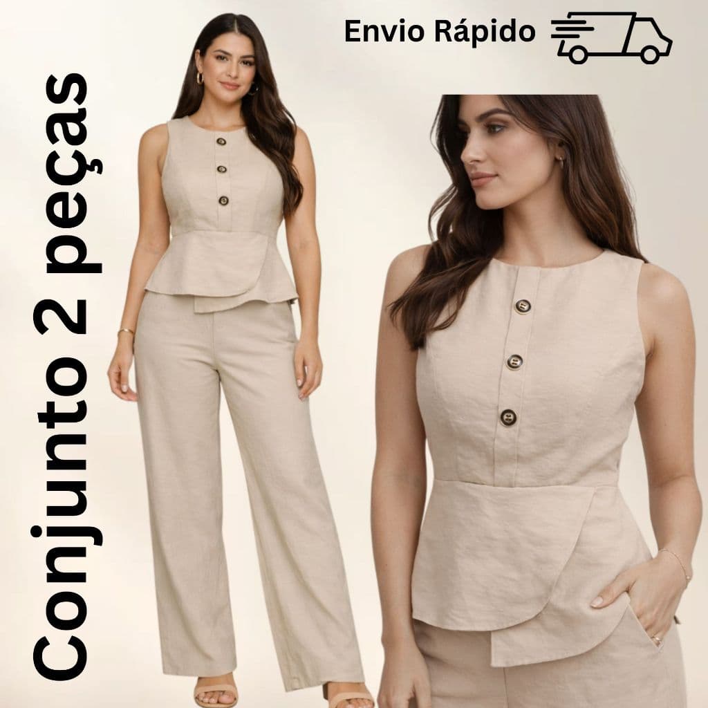 CONJUNTO FEMININO ELEGANTE CHIC CALÇA PANTALONA+COLETE ACINTURADO COM ZÍPER MODELAGEM AJUSTADA SLIM