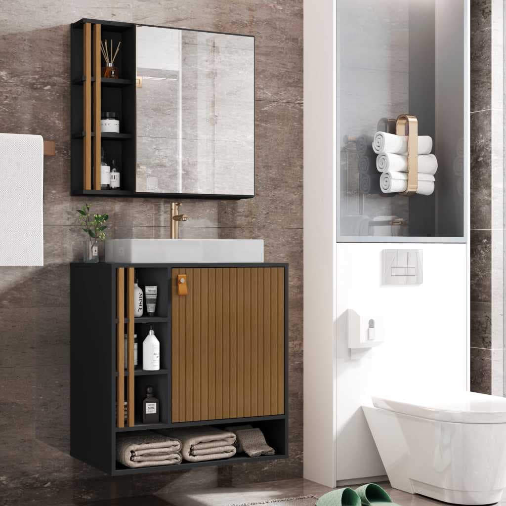 Conjunto Gabinete Banheiro Nix 60cm Completo com Armário Espelhado Cuba Nichos Laterais Ripado