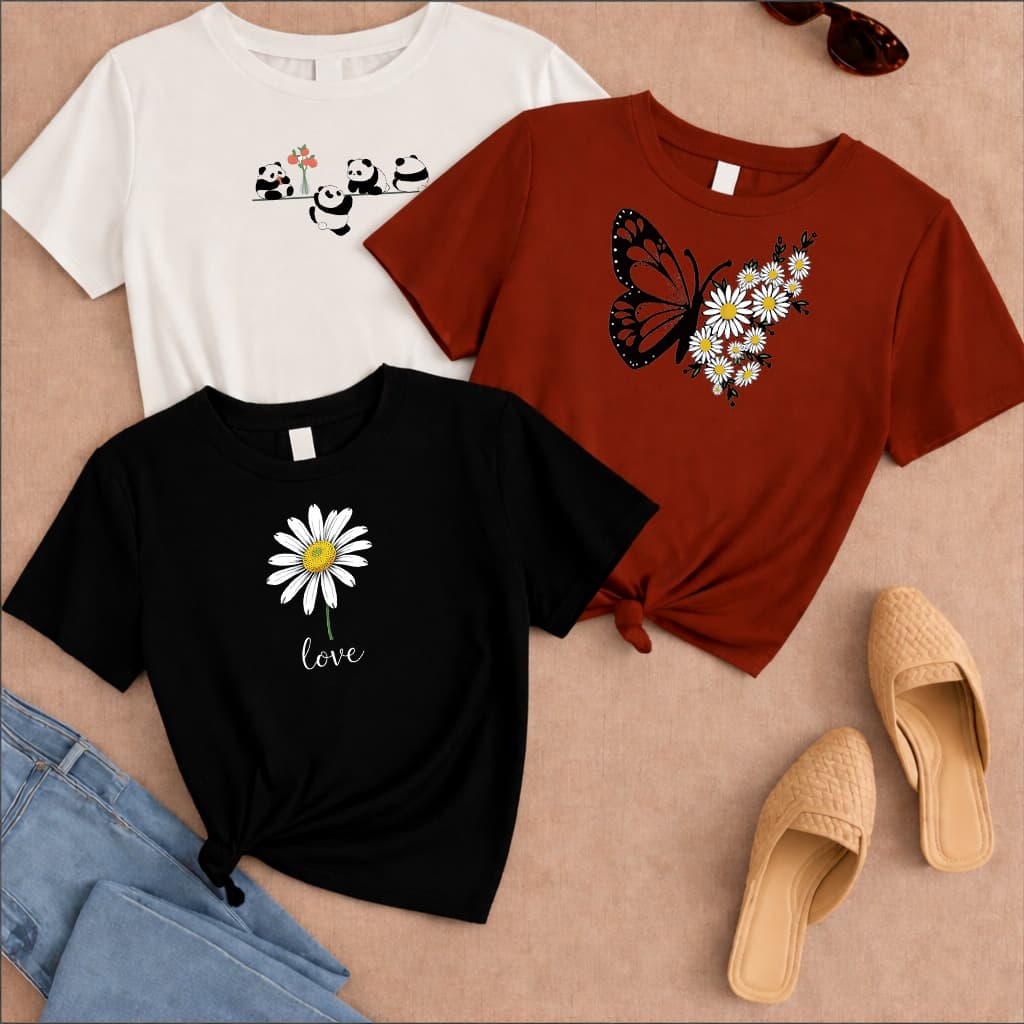 Kit 3 Camiseta Infantil Panda Blusas Camisa Algodão 4 ao 16 Menina Manga Curta