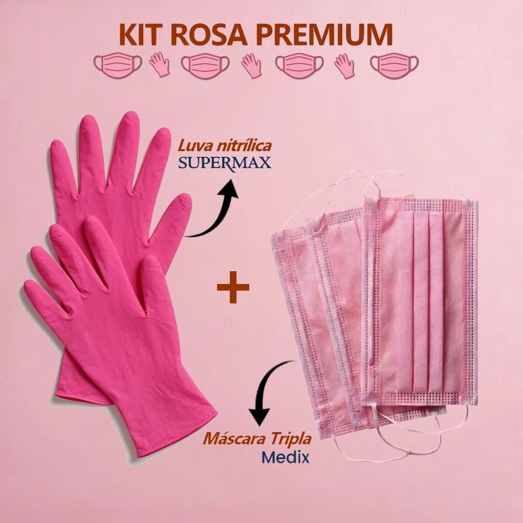 Kit Luva Nitrílica + Máscara Tripla Rosa Descartável TNT com ANVISA