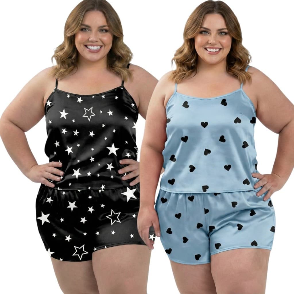 Kit 2 Conjuntos Plus Size Baby Doll Short Doll Estampado Sem Bojo Pijamas Feminino Premium