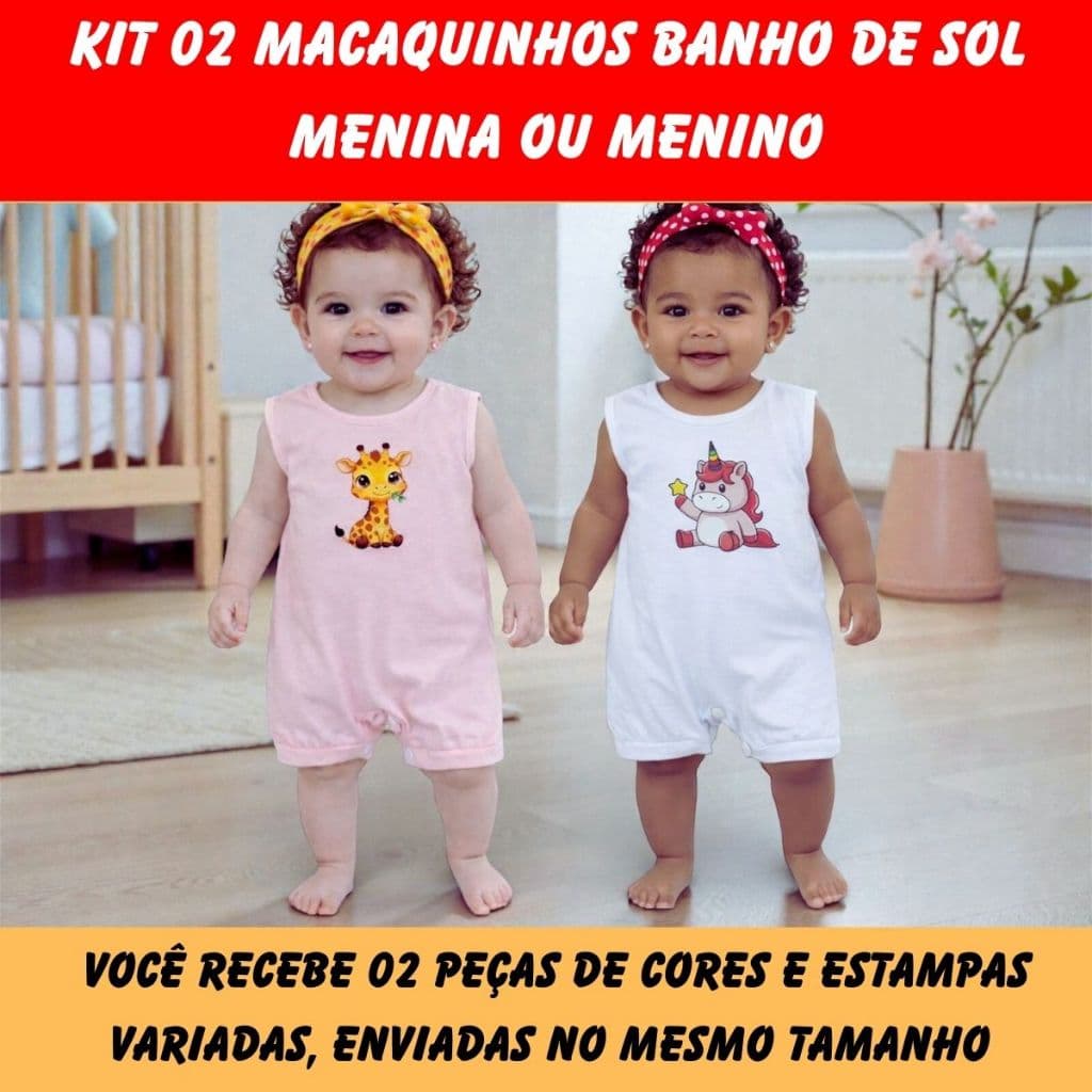 Kit 02 Macaquinho Pimpão Banho de Sol Romper Roupinha Bebê Menina Menino Recém Nascido 100% Algodão