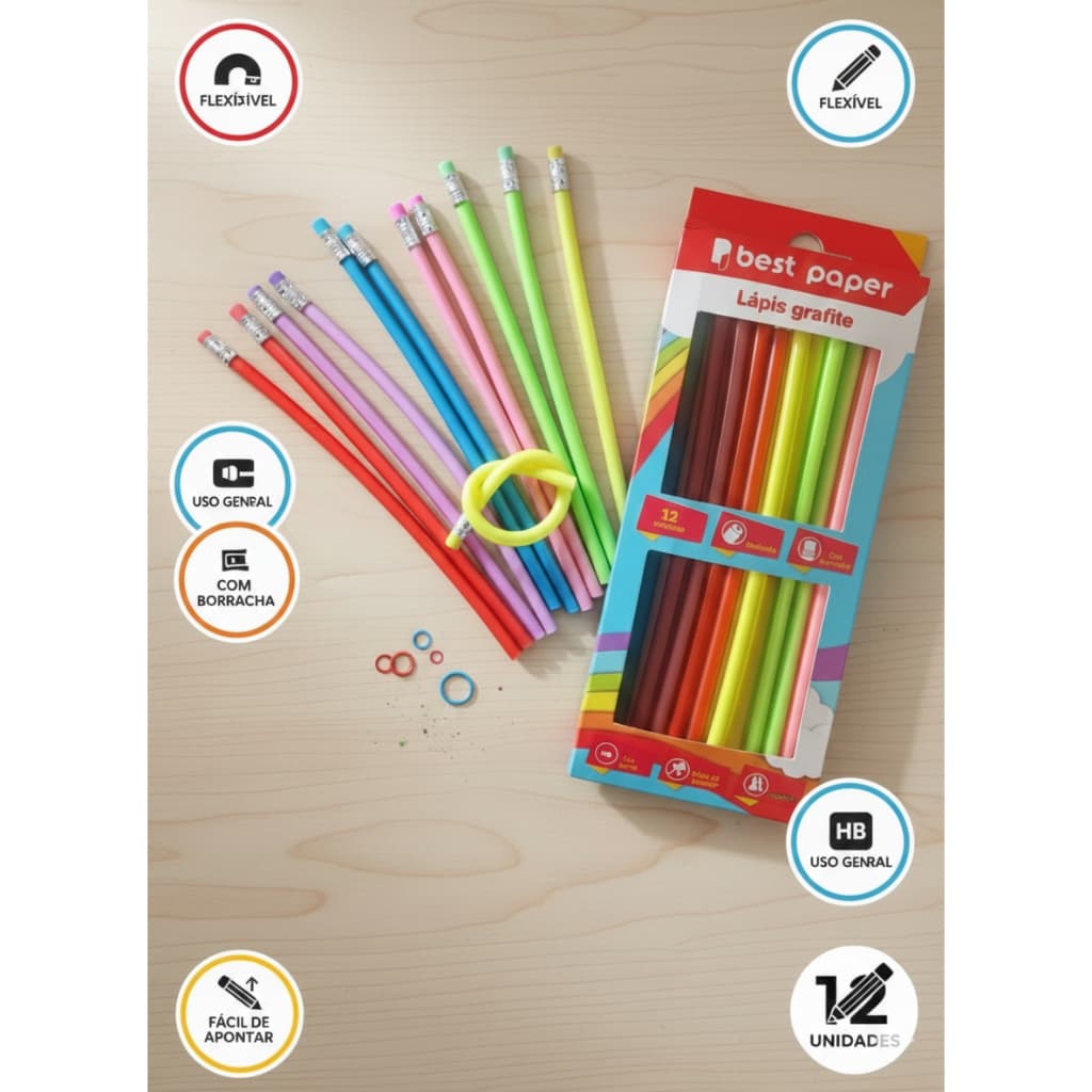 DESCONTO Lápis Grafite Flexível Colorido c Borracha 12 Unidades Escolar Infantil HB Fácil de Apontar