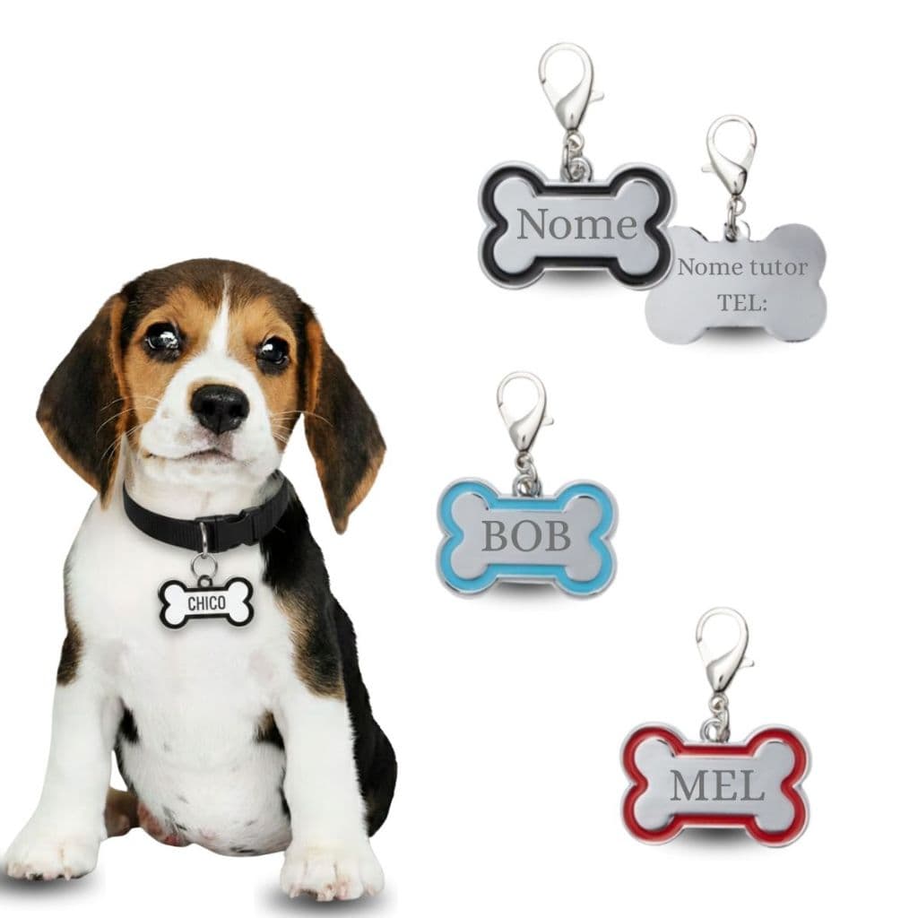 Plaquinha de Identificação Personalizada para Pets em Metal – Nome e Telefone – Cães e Gatos P e G