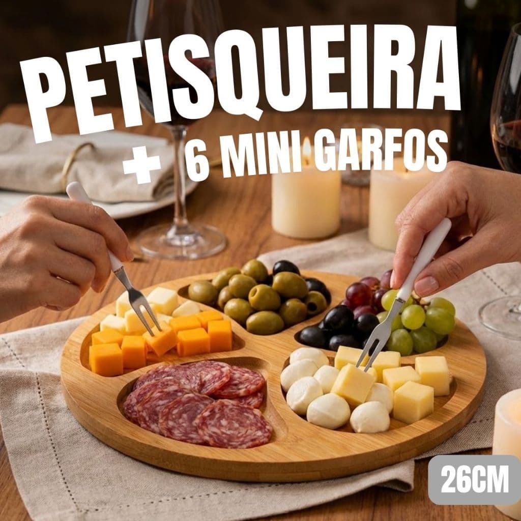Kit Petisqueira + 6 Mini Garfos Garfinhos 5 Divisoria para petiscos frios queijos tabua redonda