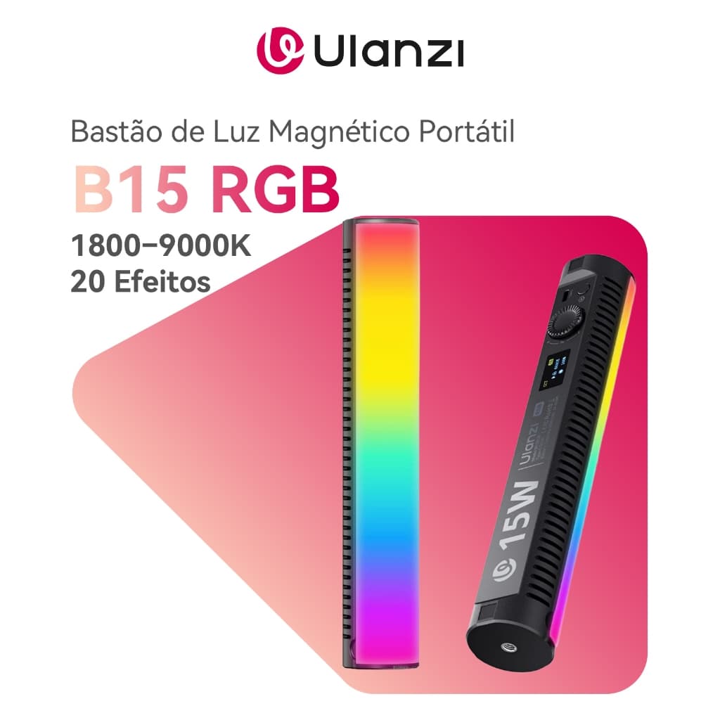 ULANZI B15RGB Bastão de Luz LED RGB Magnético 1800–9000K, 20 Efeitos, Portátil para Vídeo e TikTok