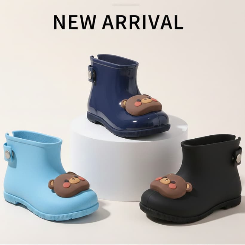 Bota Galocha Infantil Menino Cano Curto Ursinho 3D Impermeável Chuva