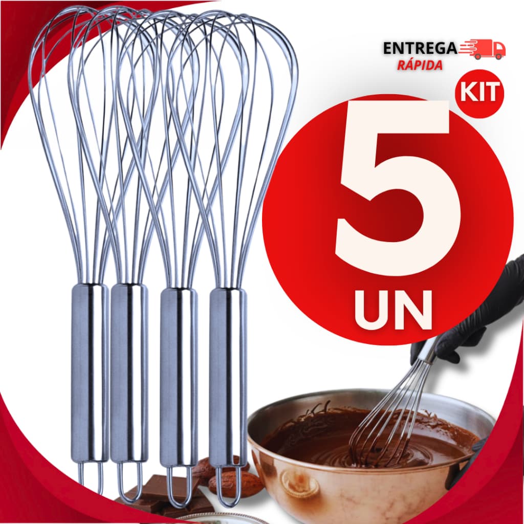 Kit 05 Peças Batedor De Ovos Bate Claras Fouet Fuê Aço Inox 30CM Casa Cozinha Utilidades Premium