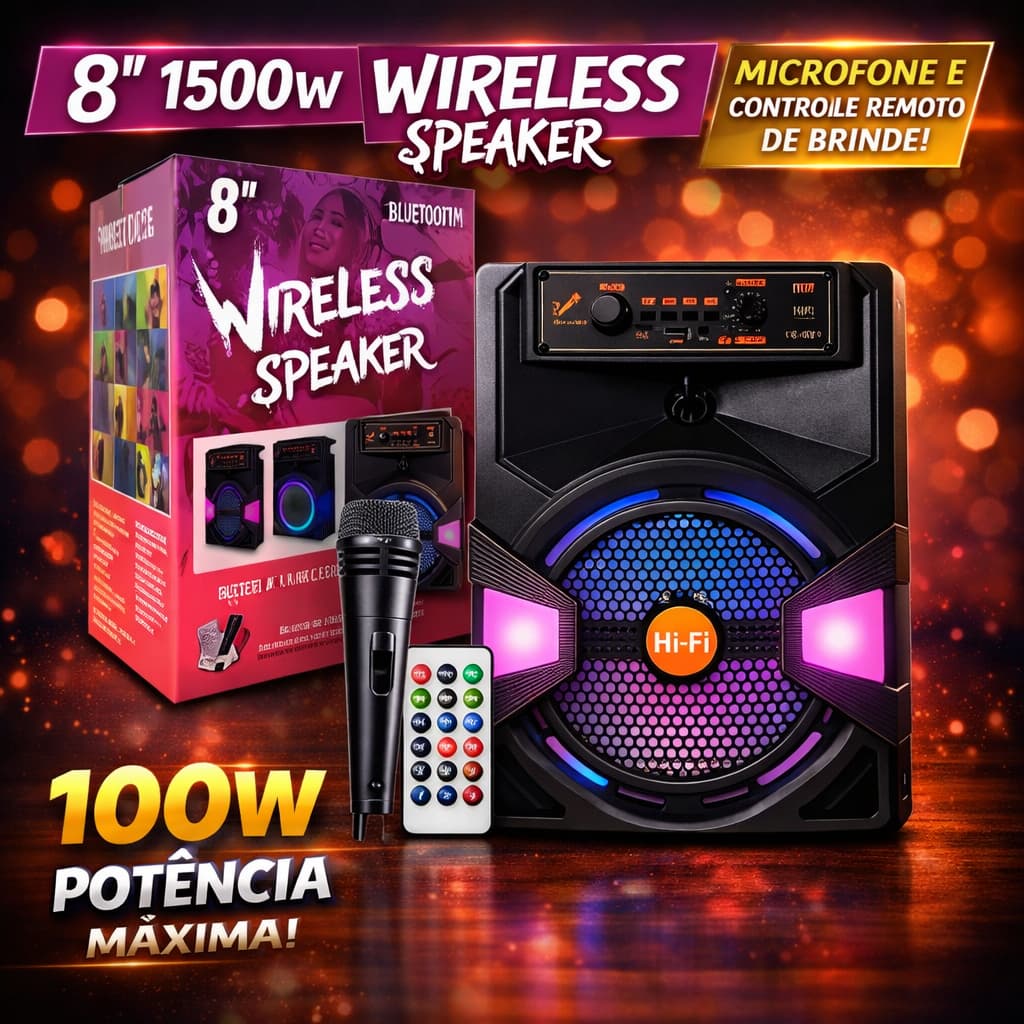 Caixa de Som Bluetooth 100W Portátil com LED, Microfone e Controle – Som Potente Função TWS