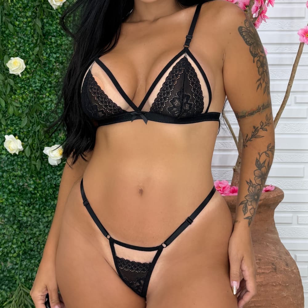 Conjunto Edilene Lingerie Sensual Sem Bojo Renda Com Transparência Calcinha Fio Dental - Langerri