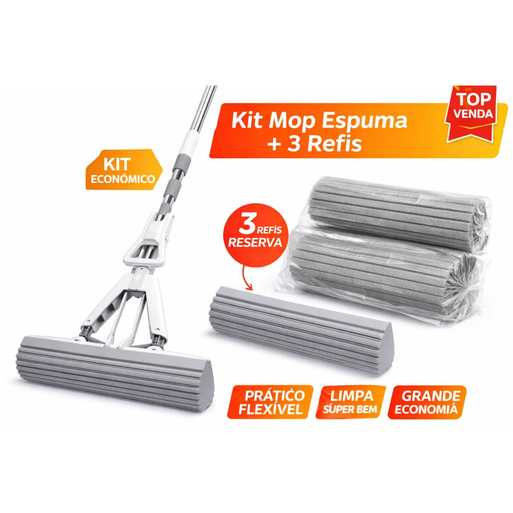 Mop Espuma PVA 2 em 1 Rodo Com Espuma Enxuga e Varre Esfregão Rodo Mágico para Limpeza Geral