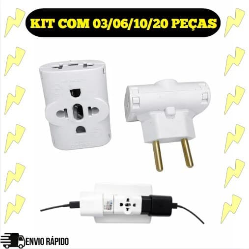 Kit Adaptador Tomada Benjamin T Invertido Bivolt 110/220V Plug 10A 03 Entradas 10A/20A - Cor Branca