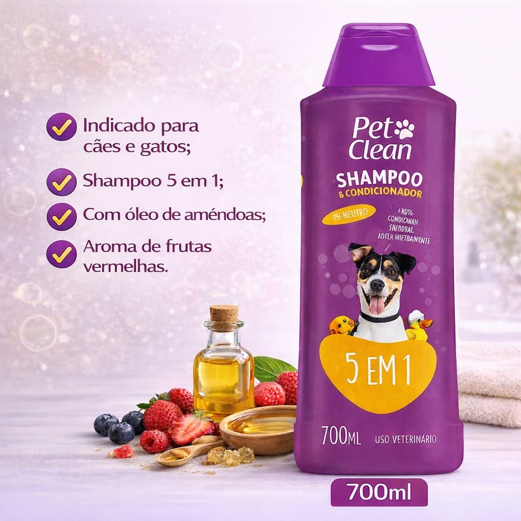 Shampoo 5 em 1 p/ Cães e Gatos Hidratação Profunda 700ml Pet Clean