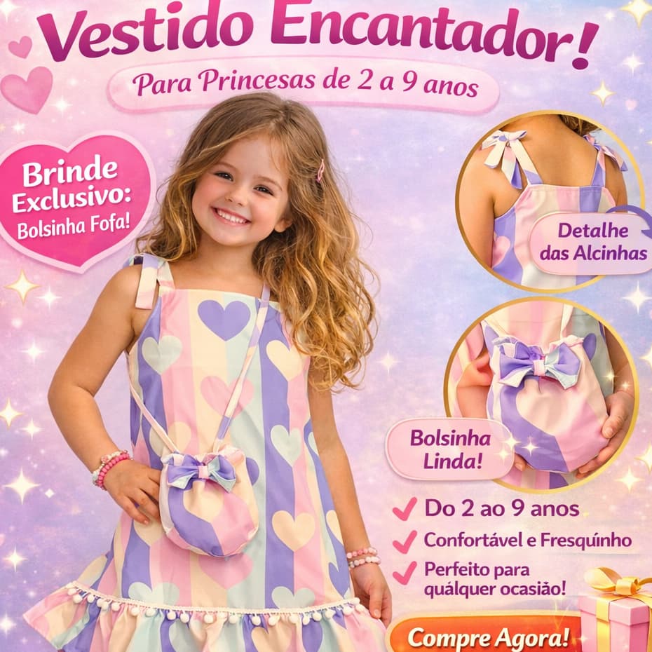 Vestido Infantil Luxo Crepinho com Bolsinha – Alça Ajustável – Menina 2 ao 10