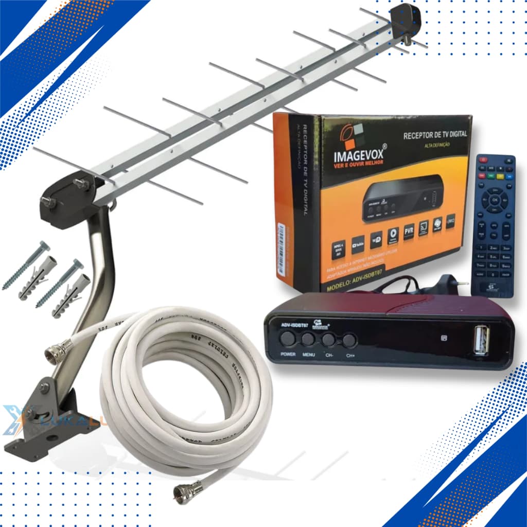 Kit conversor para TV Digital Full HD com USB + Antena log16 elementos com suporte + 8 metros cabo