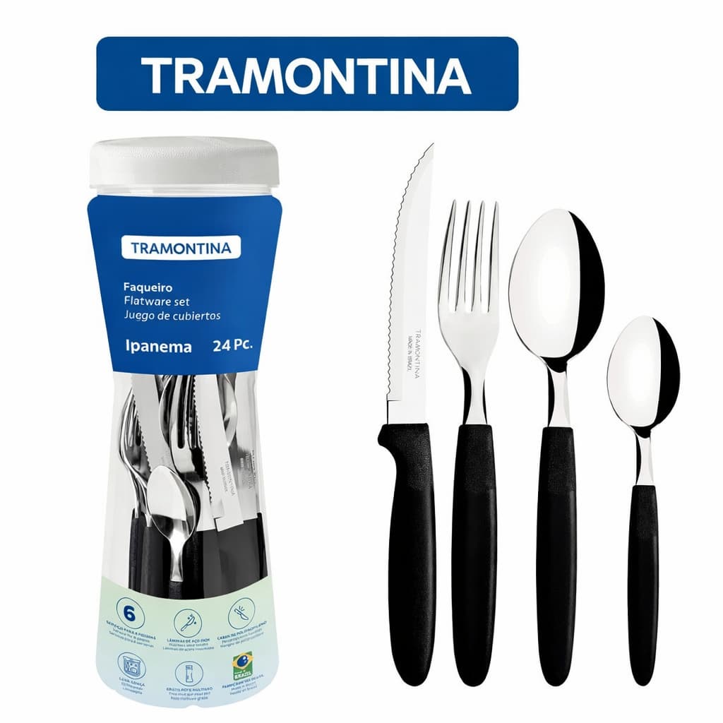 Faqueiro Ipanema com Lâminas em Aço Inox e Cabos de Polipropileno Preto com Pote Plástico 24 Peças Tramontina