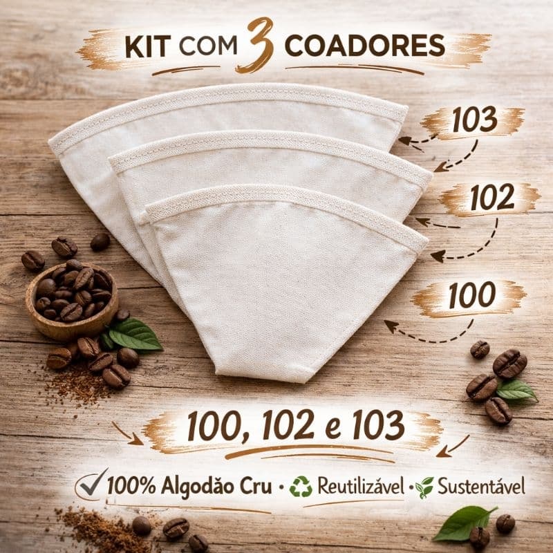 Kit 3 Coador de Café de Pano Filtro Reutilizável Algodão Cru 100 102 103