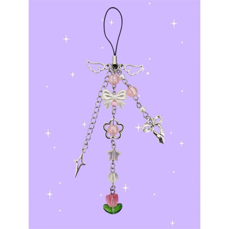 Chaveiro de Tulipa - Chaveiro de celular flor de tulipa rosa e laço de perolas pingente de estrelas