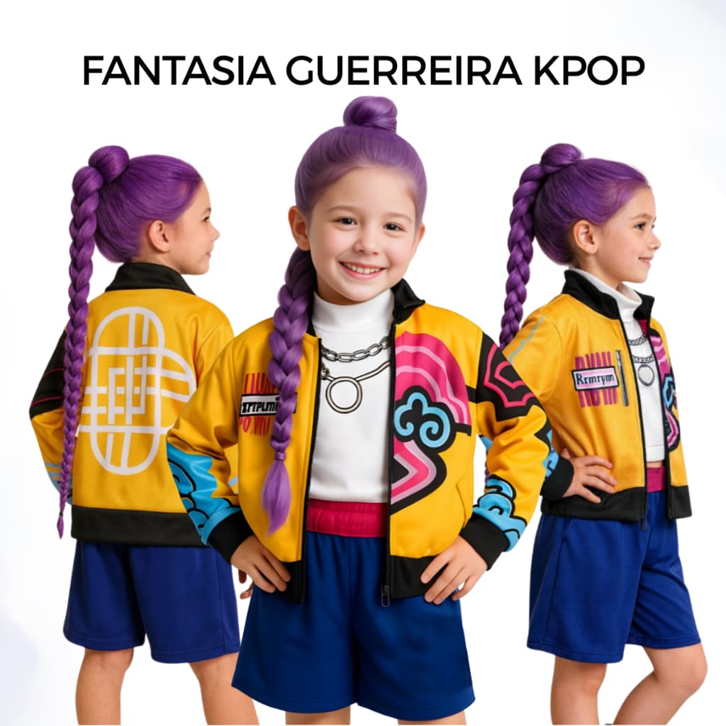 Fantasia Guerreiras Kpop Infantil Rumi Guerreira K-Pop Luxo Dança Show Menina Carnaval Dia Das Crianças