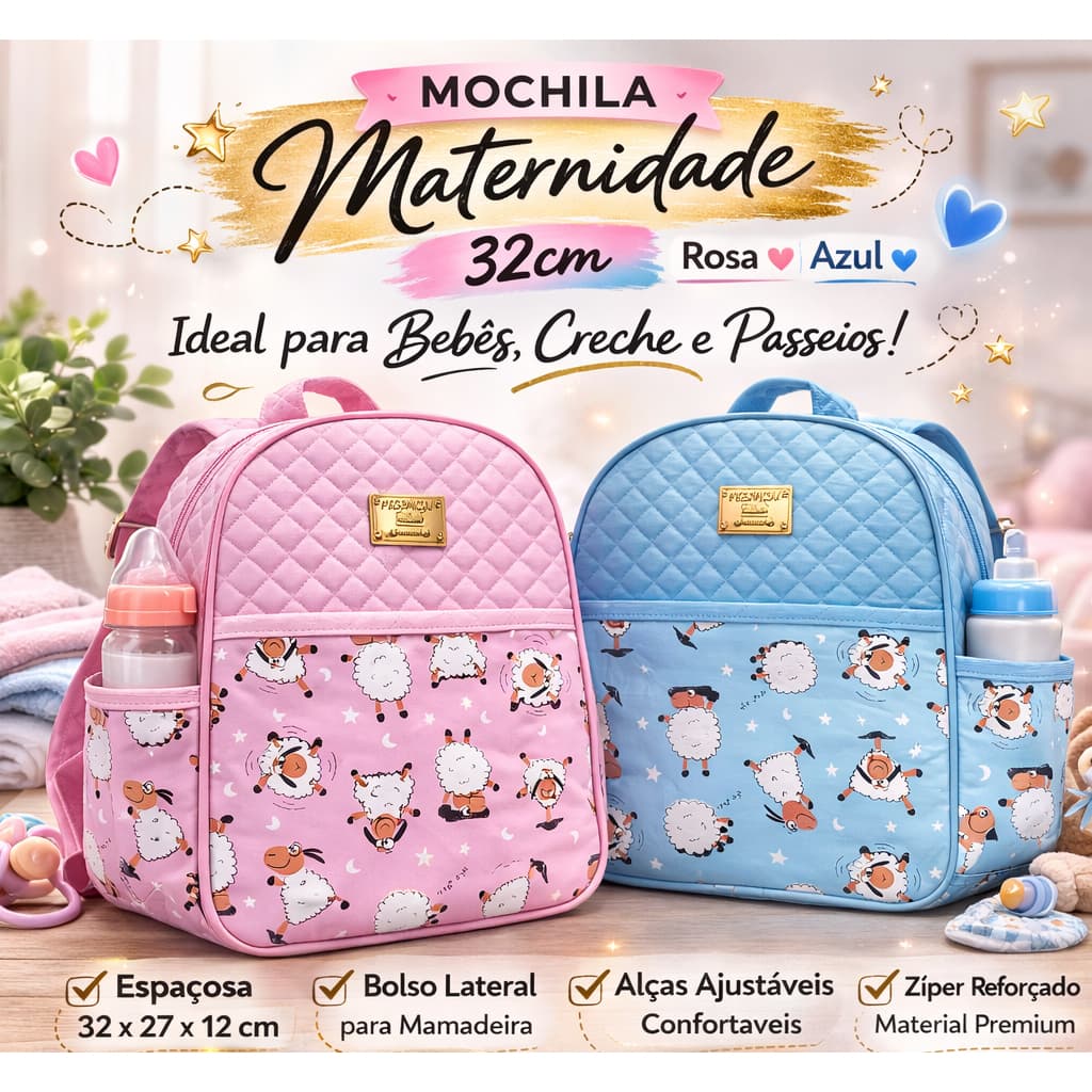 Mochila Maternidade Infantil Matelassê Ovelhinha Rosa ou Azul – Bolsa para Bebê, Creche e Passeio