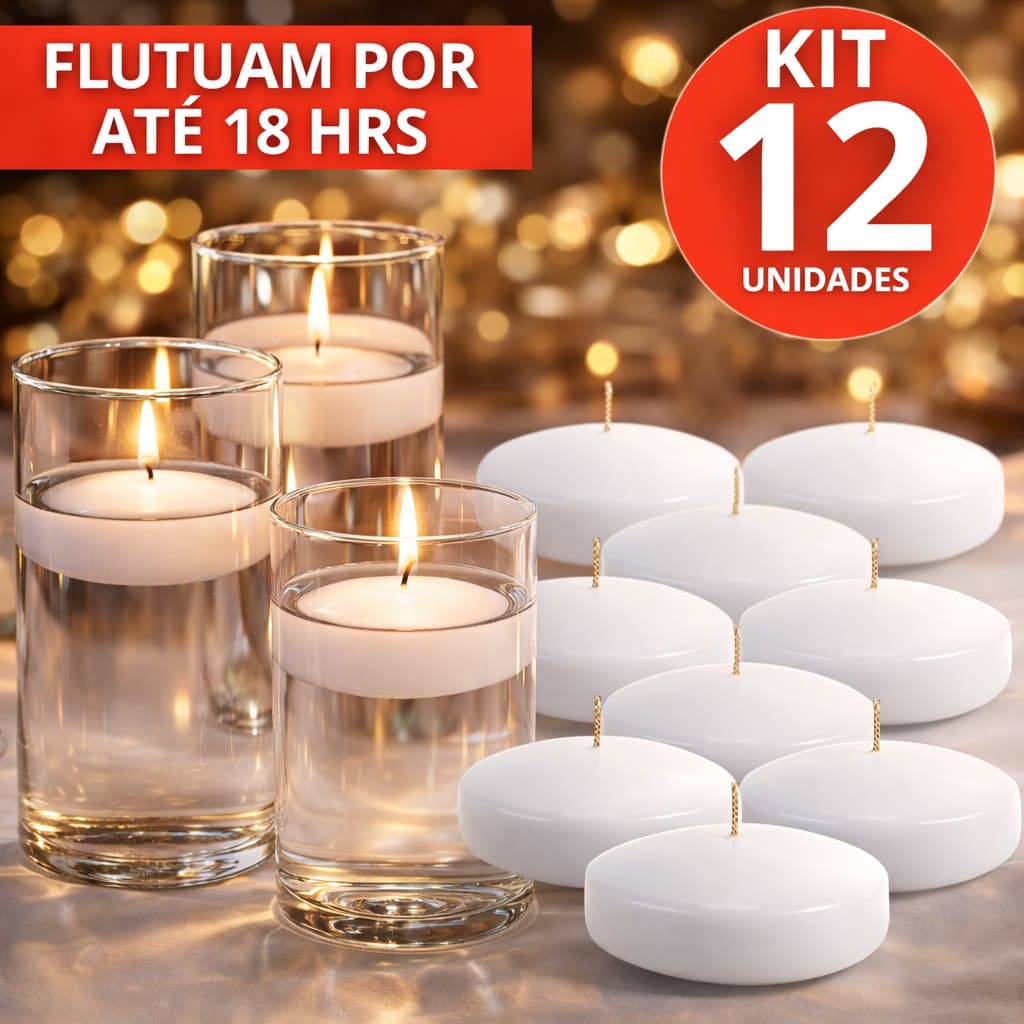 12 VELAS FLUTUANTE BRANCA DURAÇÃO 18 HR DECORAÇÃO DECORATIVA CASAMENTO FESTAS PISCINA FLUTUAM