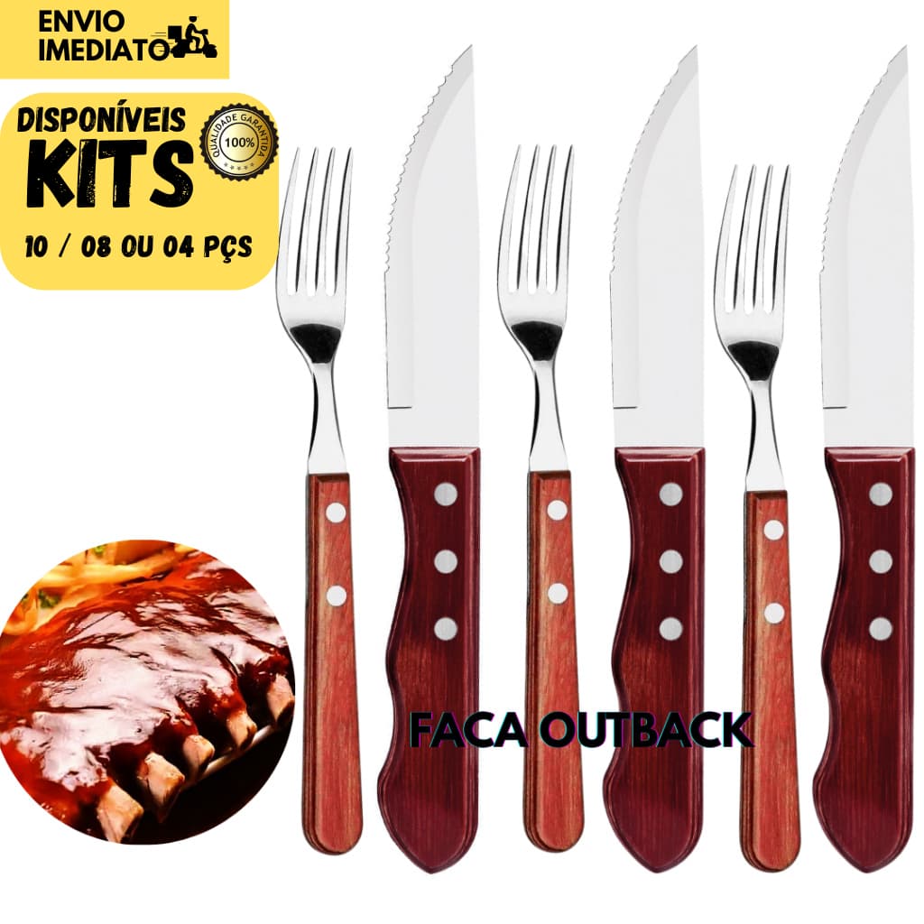 Kits 10/ 8 ou 4 Talheres Faca Jumbo 5" Outback  Garfos Padrão Cabo de Madeira p/ Refeições Churrasco