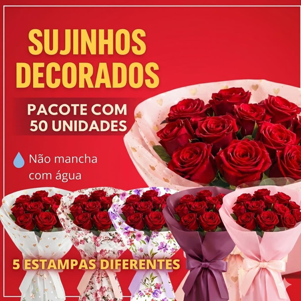 50 Folhas Papel Poli Sujinho Decorado Impermeável 49x69cm Para Buquês De Flores E Cestas