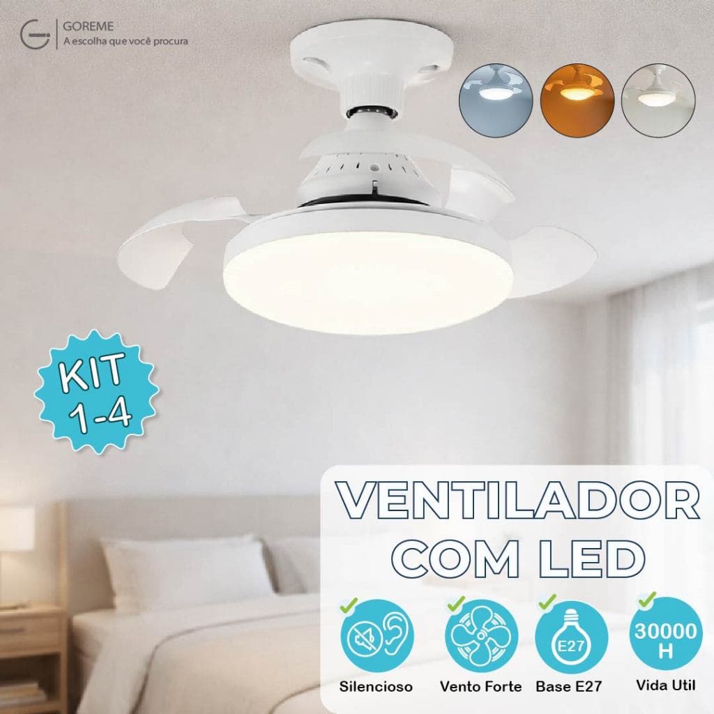 Ventilador de Teto Retrátil Lâmpada 3 Cores Silencioso 100W 3 Pás Design Sofisticado Bivolt
