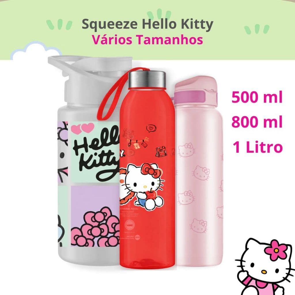 Garrafa Squeeze Plástico Infantil  Hello Kitty com Tampa e Alça 800ml 1L Garrafinha para Menina