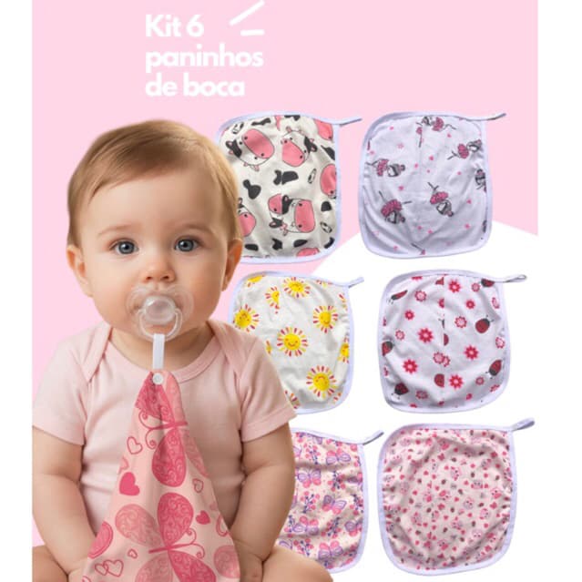 4. Pano de Boca Bebê 100% Algodão Toalhinha de Mão e Boca Social Escolar com Prendedor de Chupeta