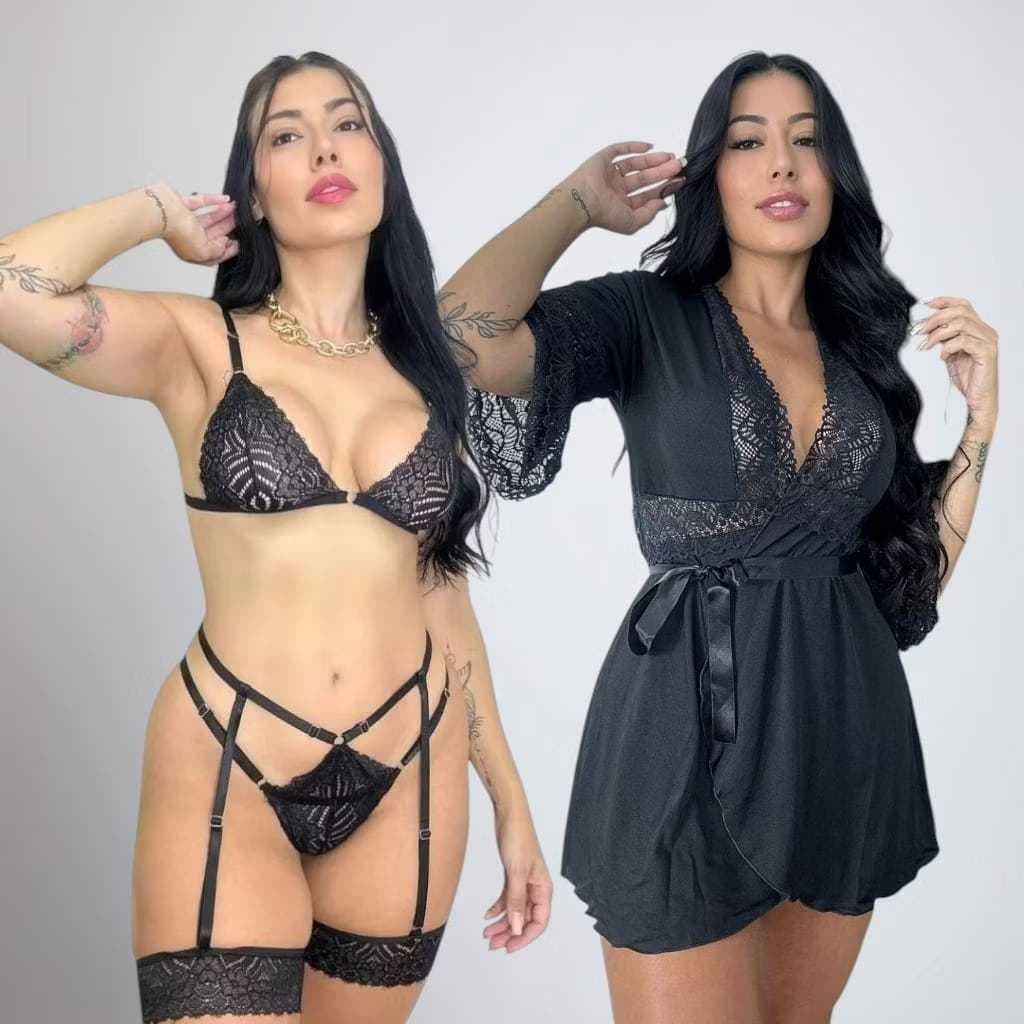 Conjunto lingerie em renda gladiadora com robe roupão feminino com detalhes em renda manga 3/4