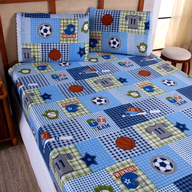Kit Jogo de Cama Casal 3 Peças Com Elástico Estampa Floral Infantil Geométrico