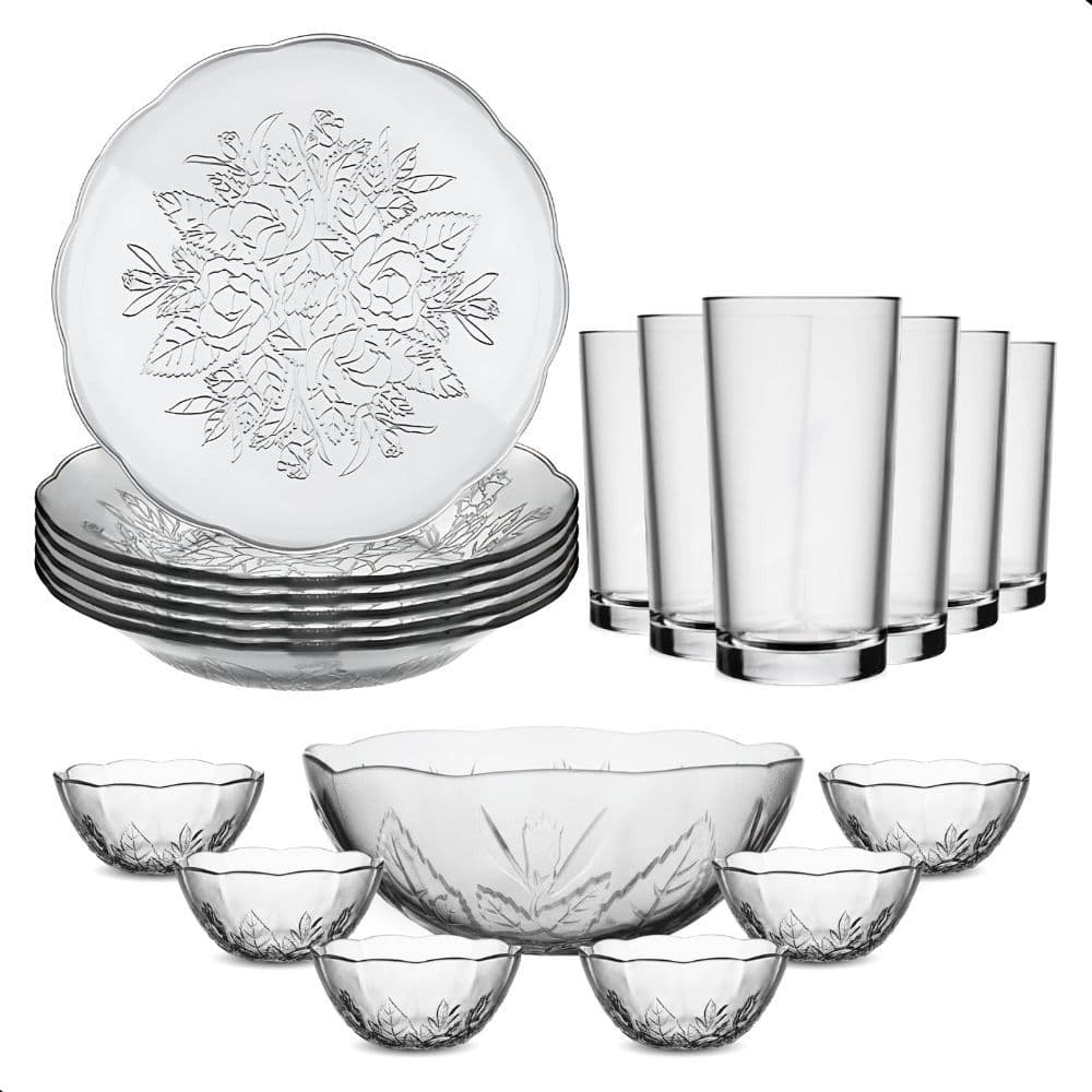 Aparelho de Jantar 19 Peças em Vidro Floral – Pratos, Copos, Tigelas e Saladeira