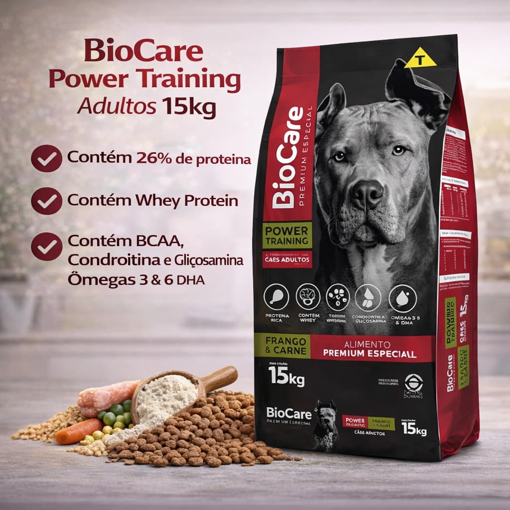 Ração Biocare Cachorro Adulto Premium 15kg Power Training 26% Proteína Frango e Carne