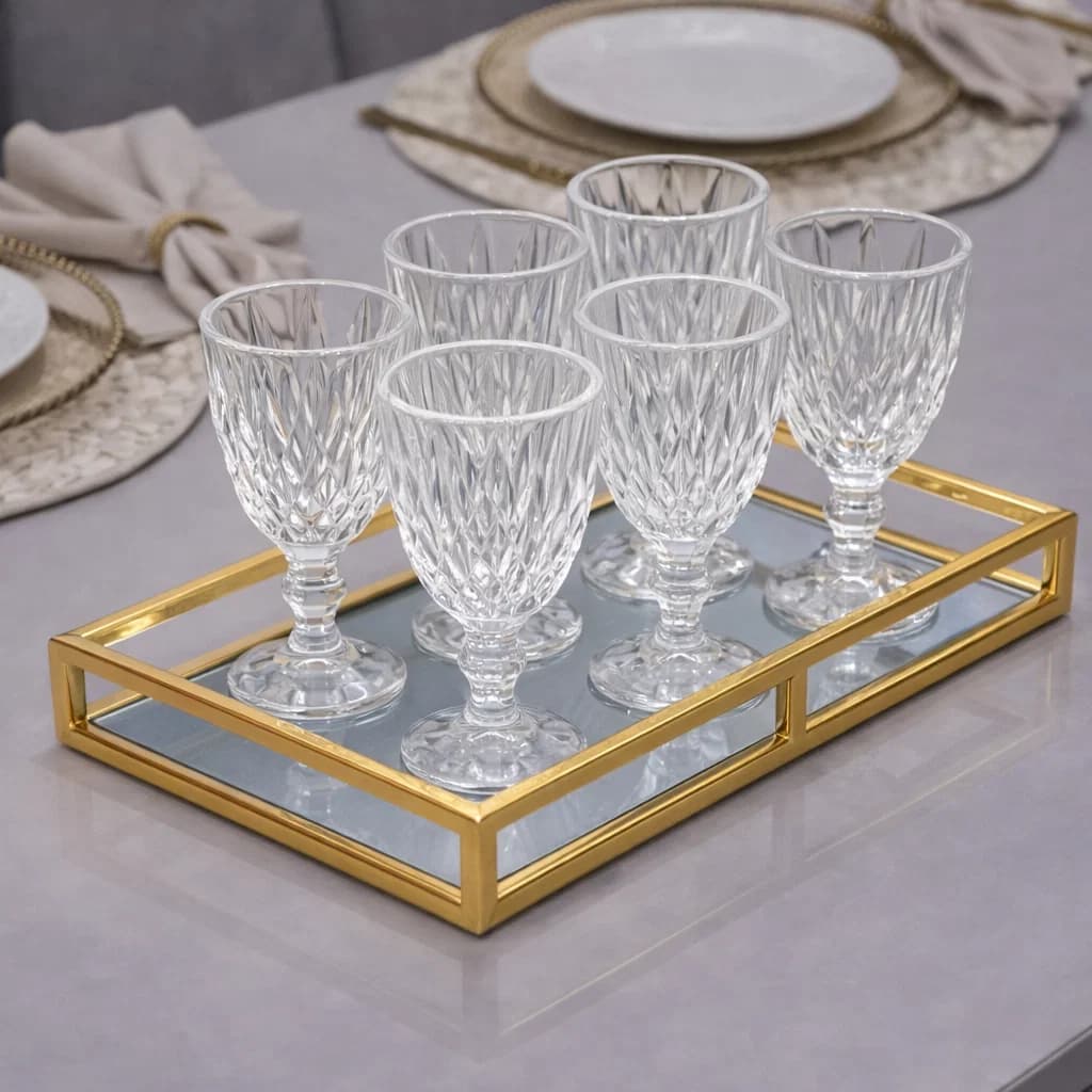 Jogo 6 Taça Diamante Copo Vidro Transparente Bico De Jaca Elegante Design Moderno Cristal