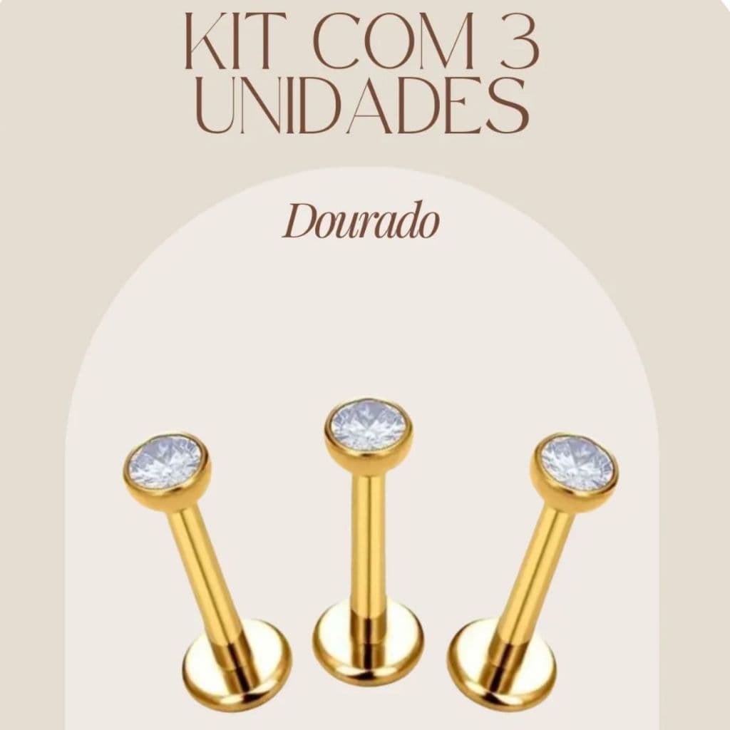KIT 3 Piercing 100% Titânio Ponto Luz Zircônia Helix Conch Labret Pvd Dourado, Prata